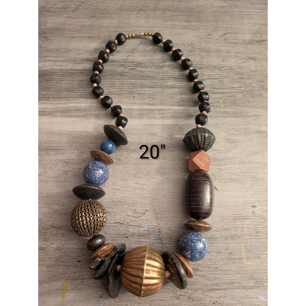Vintage Chunky Mixed Media Statement Necklace Boho Wood Metal Blue Bead 20 Inch